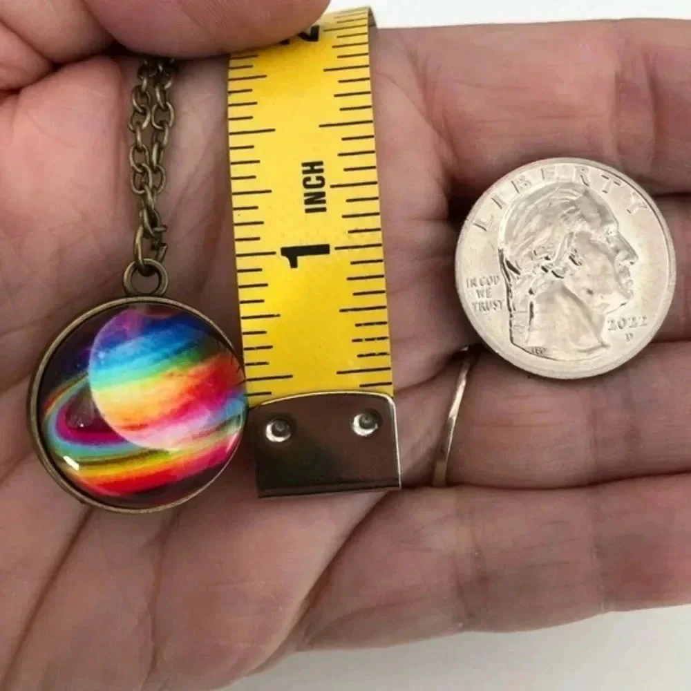3D Rainbow Saturn Rings Planet Globe Unique Glass Brass Chain Necklace